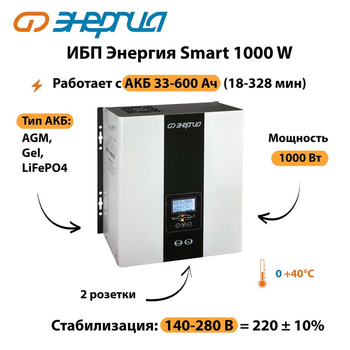 ИБП Энергия Smart 1000W - ИБП и АКБ - Энергия ИБП Smart - . Магазин оборудования для автономного и резервного электропитания Ekosolar.ru в Ярославле